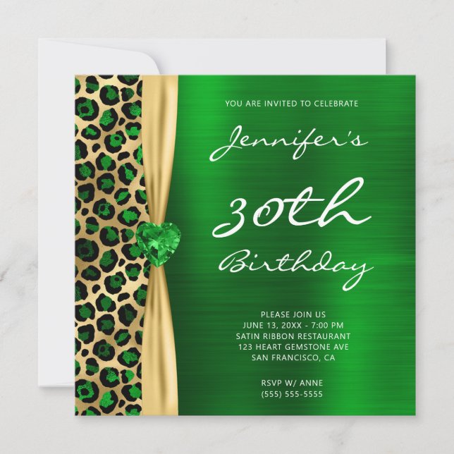 Invitación Relieve metalizado de leopardo de oro esmeralda Ge (Anverso)