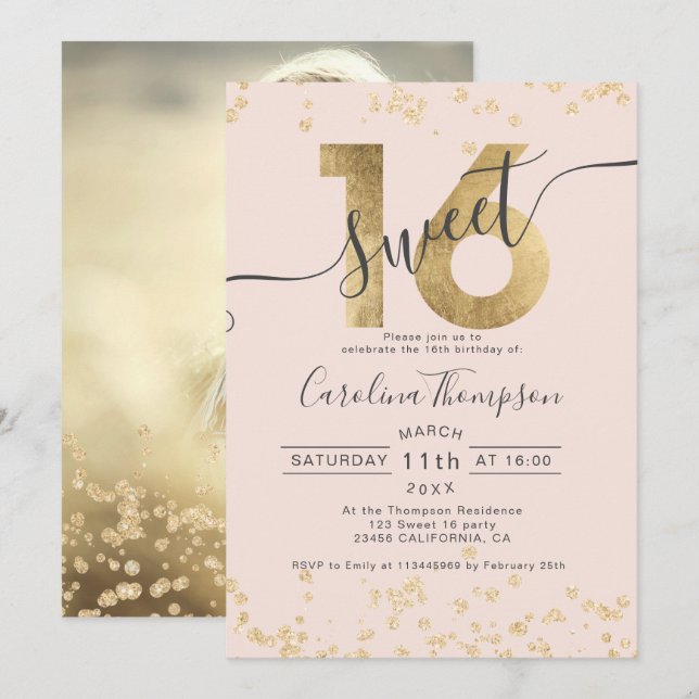 Invitación Relieve metalizado de Moda dorado confetti dorado  (Anverso / Reverso)