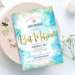 Invitación Relieve metalizado de oro Bat Mitzvah, acuarela tu