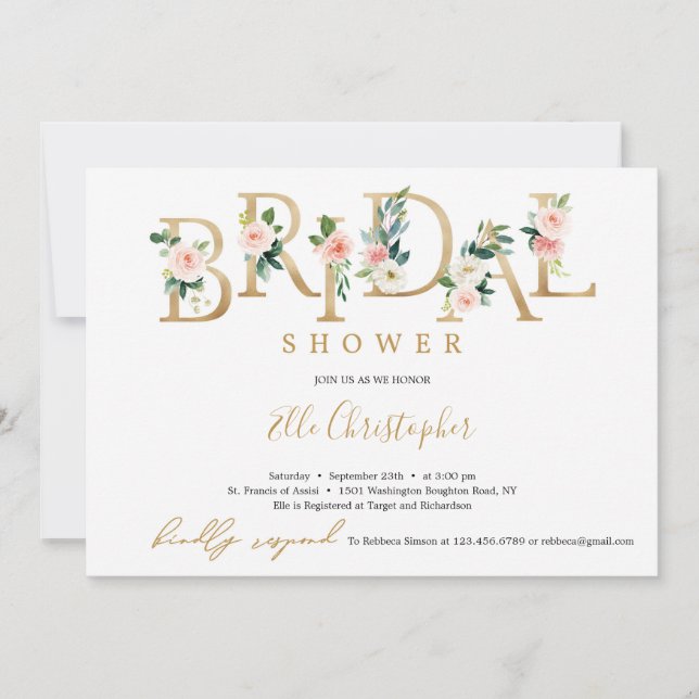 Invitación Relieve metalizado de oro bohemio letra floral duc (Anverso)