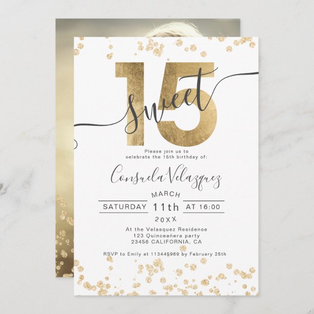 Invitación Relieve metalizado de oro de moda confetti blanco  (Anverso / Reverso)