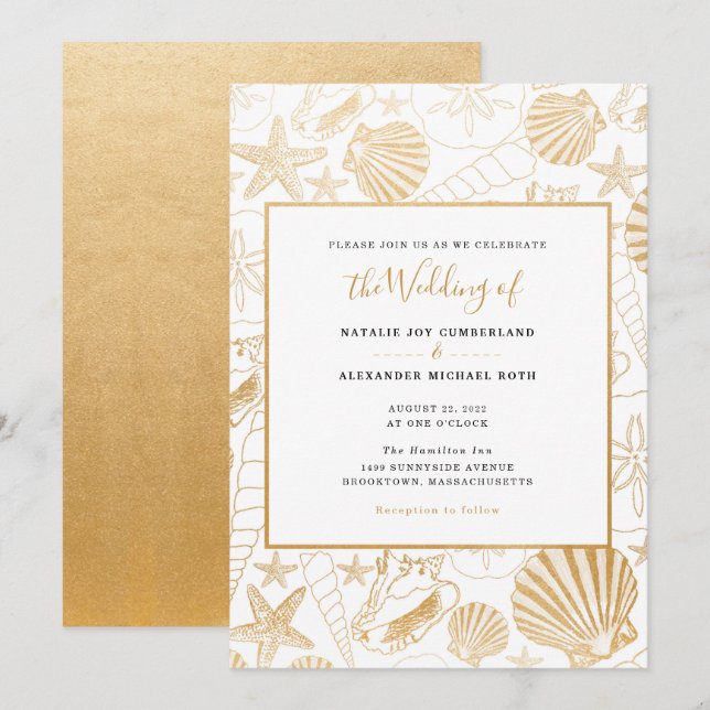 Invitación Relieve metalizado de oro falso boda de concha de  (Anverso / Reverso)