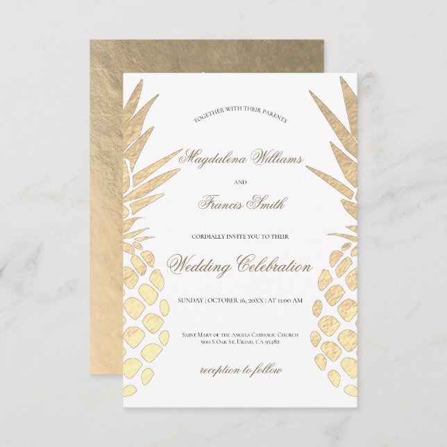 Invitación Relieve metalizado de oro falso piña piña boda ele (Anverso / Reverso)