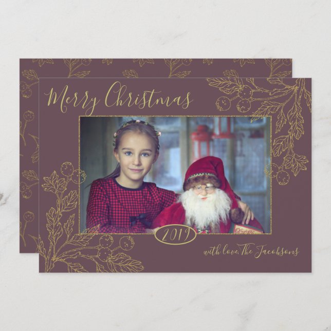 Invitación Relieve metalizado de oro foto de Berries en invie (Anverso / Reverso)