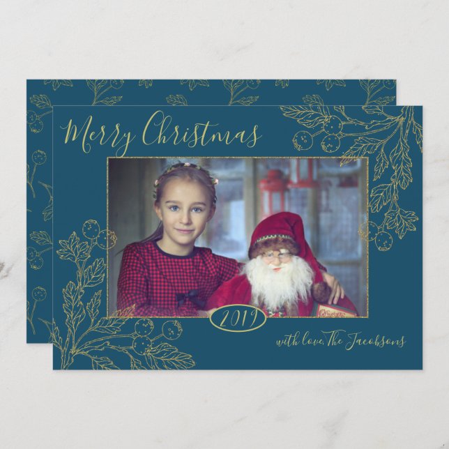 Invitación Relieve metalizado de oro foto de Berries en invie (Anverso / Reverso)