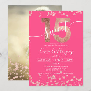 Invitación Relieve metalizado de oro Rosa confetti rosa Quinc