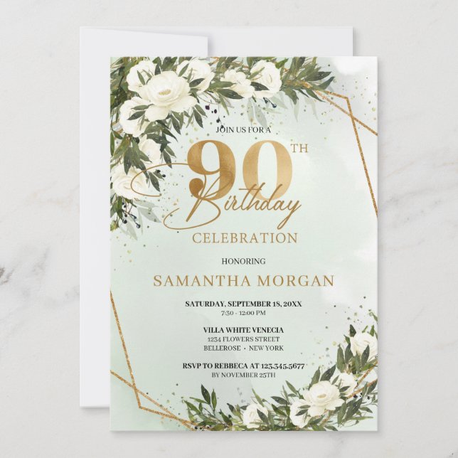 Invitación Relieve metalizado de oro verde oliva rosas blanca (Anverso)