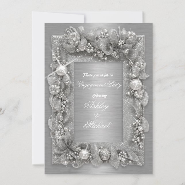 Invitación Relieve metalizado de plata perla moderna compromi (Anverso)