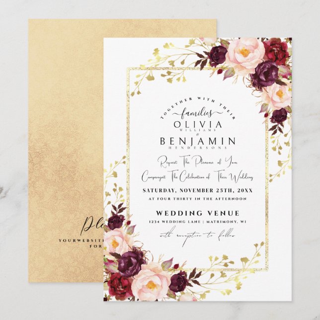Invitación Relieve metalizado de Purpurina de Moda Florales d (Anverso / Reverso)
