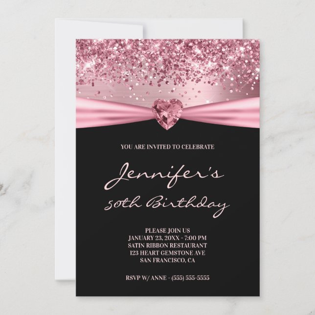 Invitación Relieve metalizado de Purpurina Rosa Girly Gem Hea (Anverso)