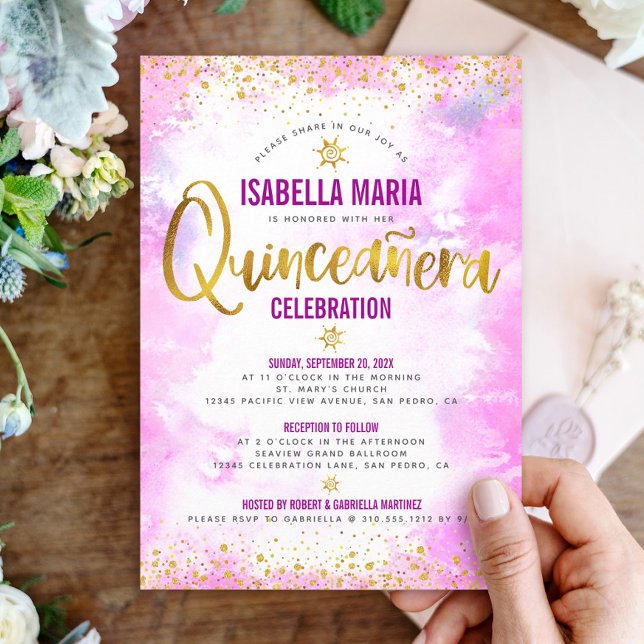 Invitación Relieve metalizado dorado acuático Rosa Quinceañer (Subido por el creador)