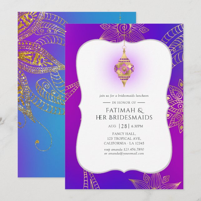 Invitación Relieve metalizado dorado Arabian Bollywood Brides (Anverso / Reverso)