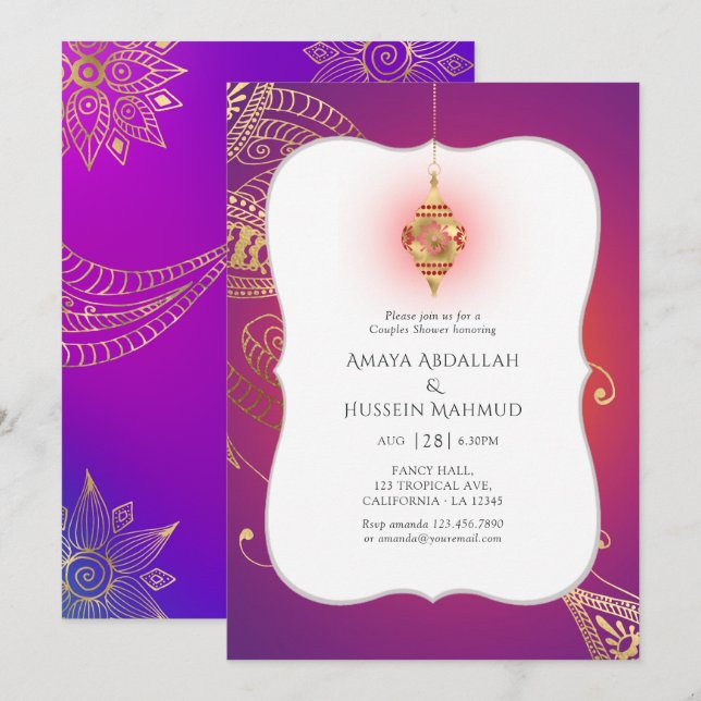 Invitación Relieve metalizado dorado Arabian Bollywood Couple (Anverso / Reverso)