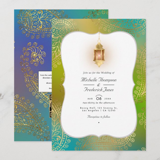 Invitación Relieve metalizado dorado Arabian Bollywood QR Cod (Anverso / Reverso)
