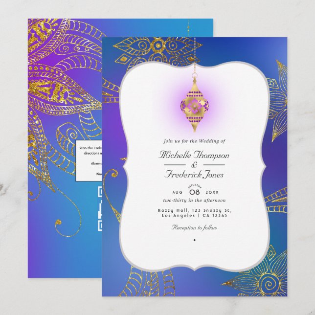Invitación Relieve metalizado dorado Arabian Bollywood QR Cod (Anverso / Reverso)