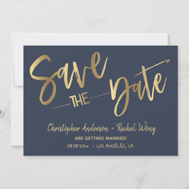 Invitación Relieve metalizado dorado azul de la marina minima (Anverso)