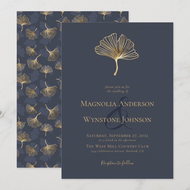 Invitación Relieve metalizado dorado Azul Elegante Boda Botán (Anverso / Reverso)