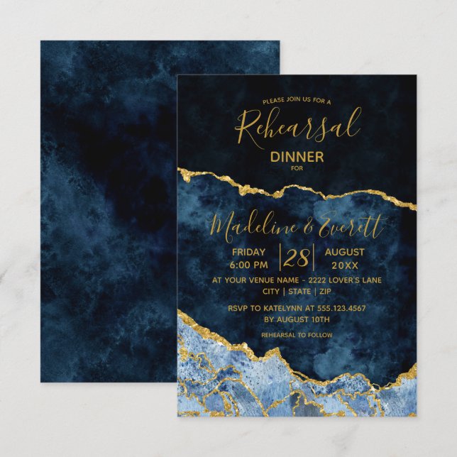 Invitación Relieve metalizado dorado azul marino Agate Boda E (Anverso / Reverso)