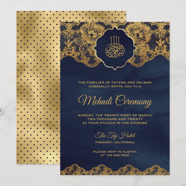 Invitación Relieve metalizado dorado azul marino Lace Islamic (Anverso / Reverso)