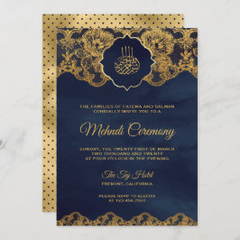 Invitación Relieve metalizado dorado azul marino Lace Islamic