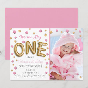 Invitación Relieve metalizado dorado Balón 1er cumpleaños Fot