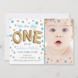 Invitación Relieve metalizado dorado Balón 1er cumpleaños Fot