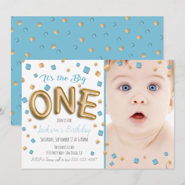 Invitación Relieve metalizado dorado Balón 1er cumpleaños Fot (Anverso / Reverso)