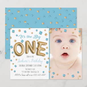 Invitación Relieve metalizado dorado Balón 1er cumpleaños Fot