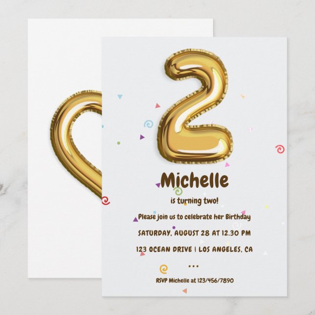 Invitación Relieve metalizado dorado Balón y Confetti Fiesta  (Anverso / Reverso)