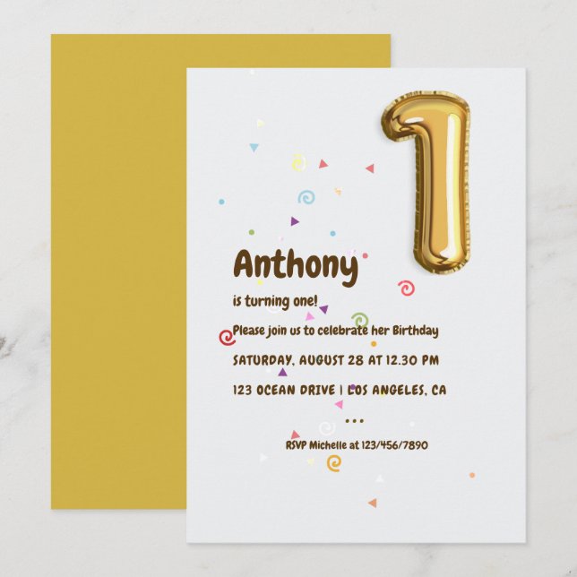 Invitación Relieve metalizado dorado Balón y Confetti Primer  (Anverso / Reverso)