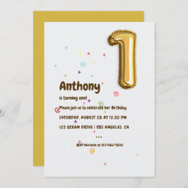 Invitación Relieve metalizado dorado Balón y Confetti Primer 