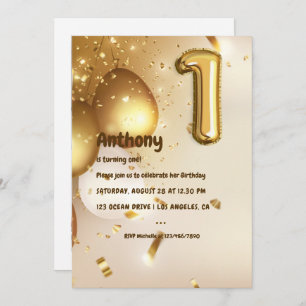 Invitación Relieve metalizado dorado Balón y Confetti Primer
