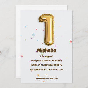 Invitación Relieve metalizado dorado Balón y Confetti Primer 