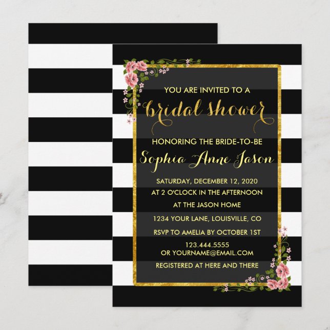 Invitación Relieve metalizado dorado Black Stripes Bridal Sho (Anverso / Reverso)