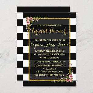 Invitación Relieve metalizado dorado Black Stripes Bridal Sho