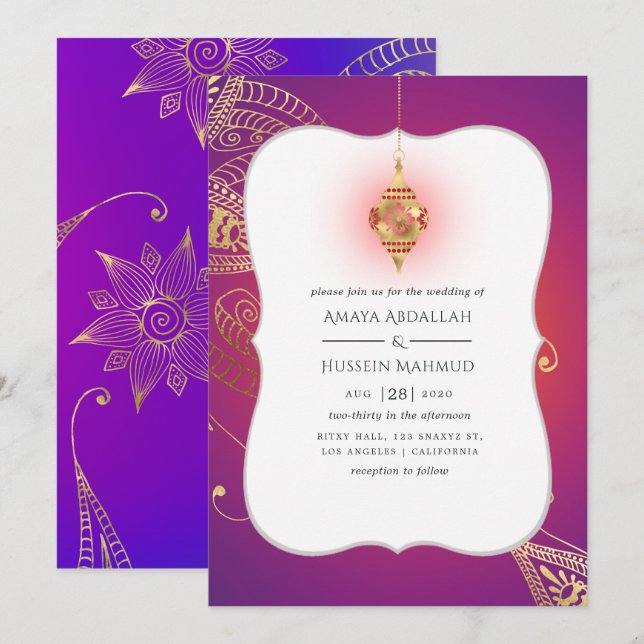 Invitación Relieve metalizado dorado Boda de Bollywood de Ara (Anverso / Reverso)