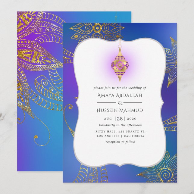 Invitación Relieve metalizado dorado Boda de Bollywood de Ara (Anverso / Reverso)