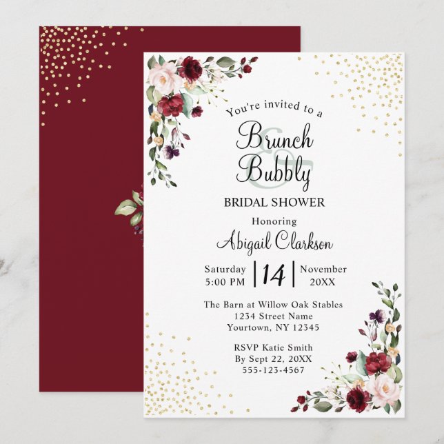 Invitación Relieve metalizado dorado Borgoña Brunch & Bubbly  (Anverso / Reverso)
