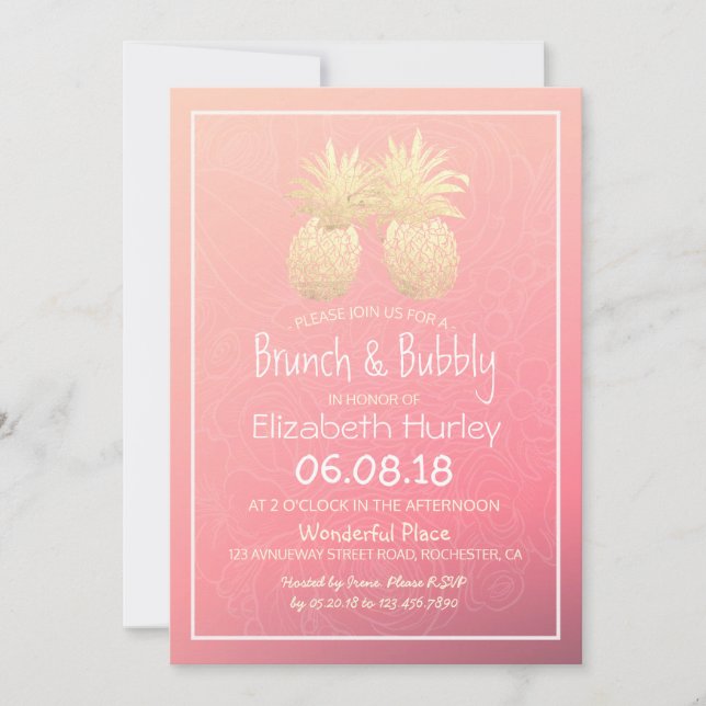 Invitación Relieve metalizado dorado Bridal Shower Pineapple  (Anverso)