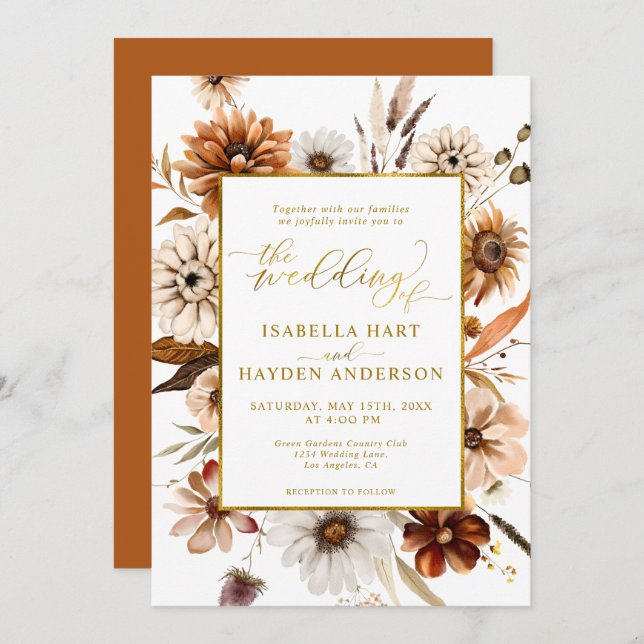 Invitación Relieve metalizado dorado Cae Boho Boda estacional (Anverso / Reverso)