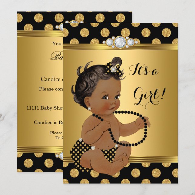 Invitación Relieve metalizado dorado Chica de Baby Shower Per (Anverso / Reverso)