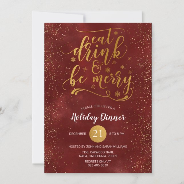 Invitación Relieve metalizado dorado come bebida y sé Fiesta  (Anverso)