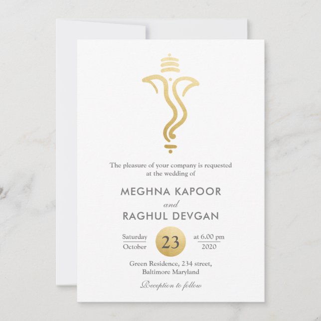 Invitación Relieve metalizado dorado con clase Ganesha/boda (Anverso)