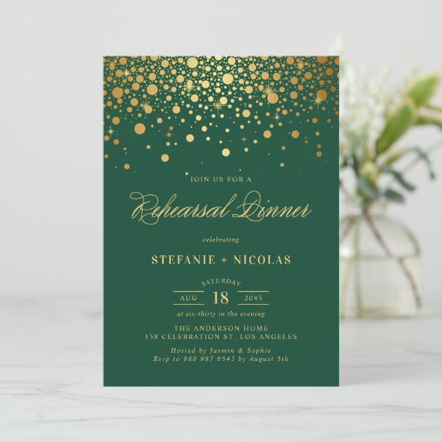 Invitación Relieve metalizado dorado Confetti Dots Green Rehe (Anverso de pie)