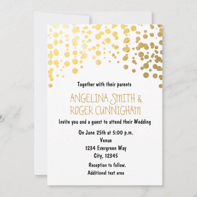 Invitación Relieve metalizado dorado Confetti Dots White Wedd (Anverso)