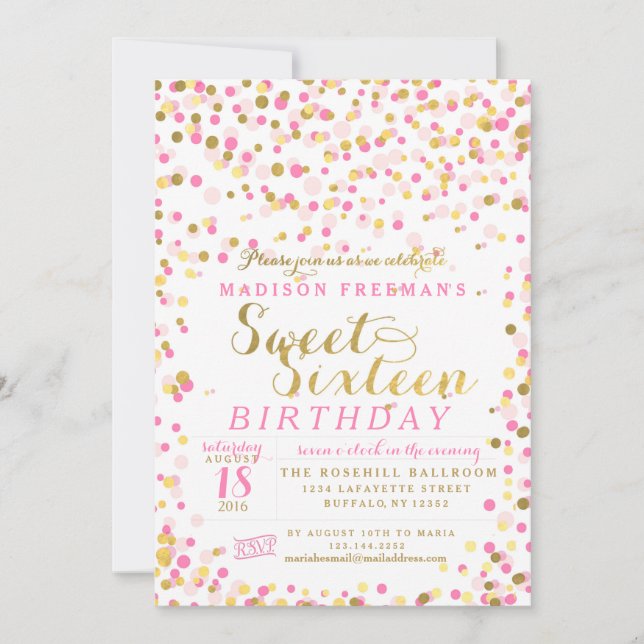 Invitación Relieve metalizado dorado confetti rosado dulce fi (Anverso)