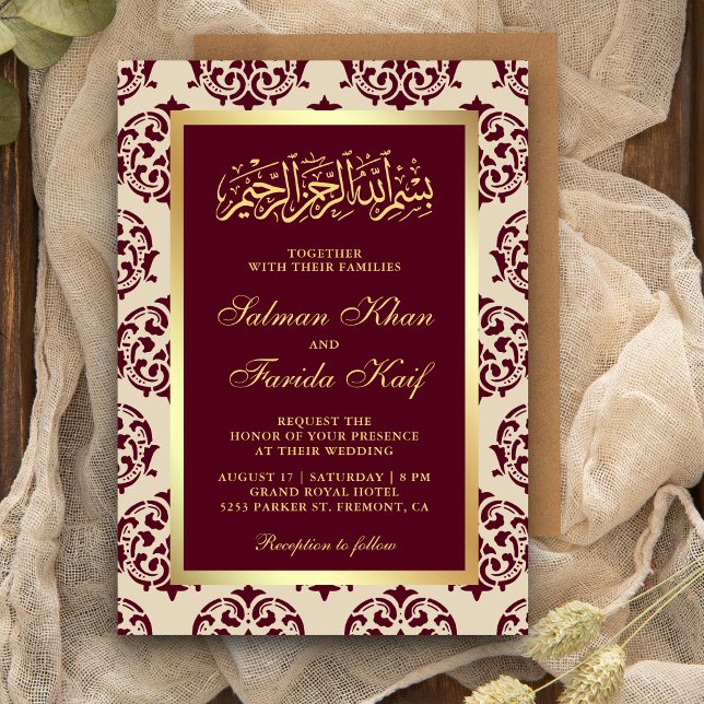 Invitación Relieve metalizado dorado de Burgundy Damask Boda  (Subido por el creador)