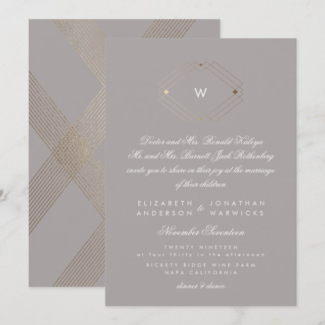 Invitación Relieve metalizado dorado de caligrafía Boda Muslo (Anverso / Reverso)
