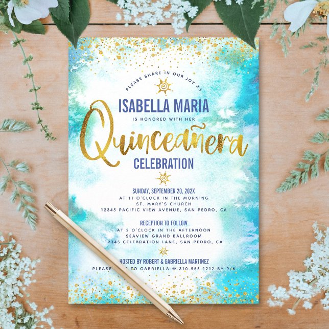 Invitación Relieve metalizado dorado de color turquesa Quince (Subido por el creador)