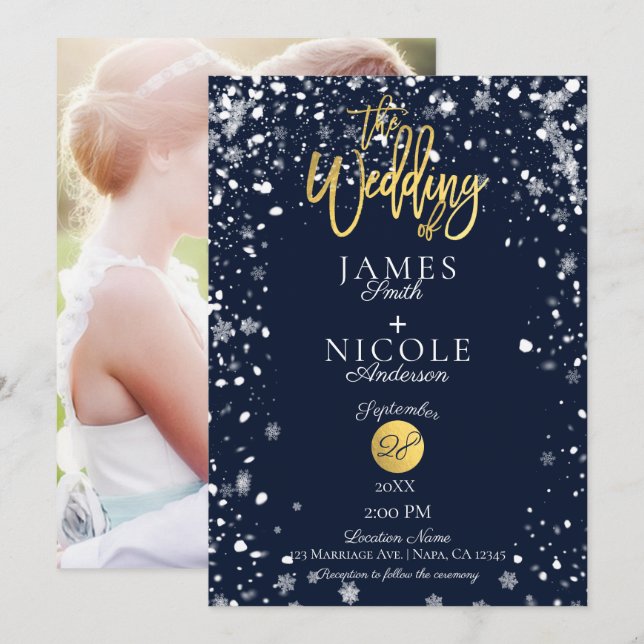 Invitación Relieve metalizado dorado de copos de nieve  Boda  (Anverso / Reverso)